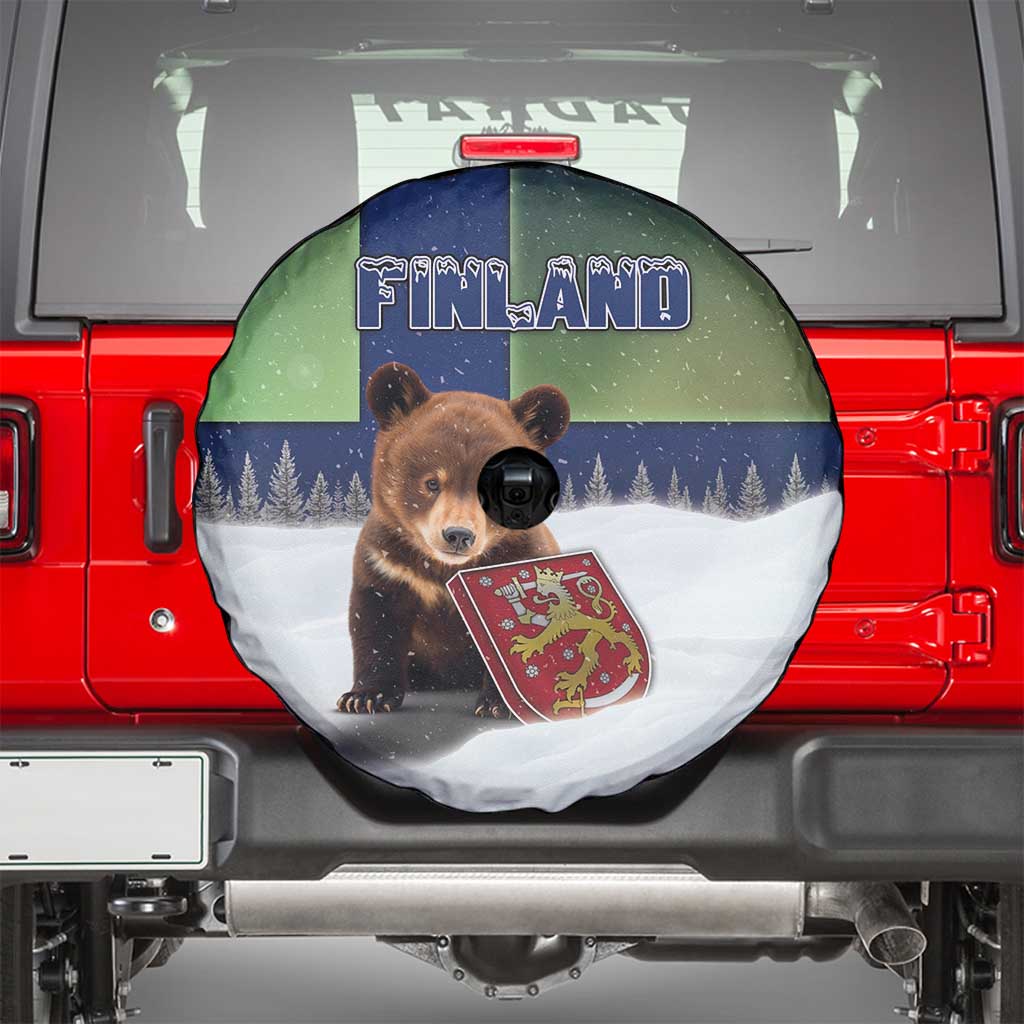 Finland Spare Tire Cover Brown Bear With Symbol Under The Aurora Sky - Wonder Print Shop
