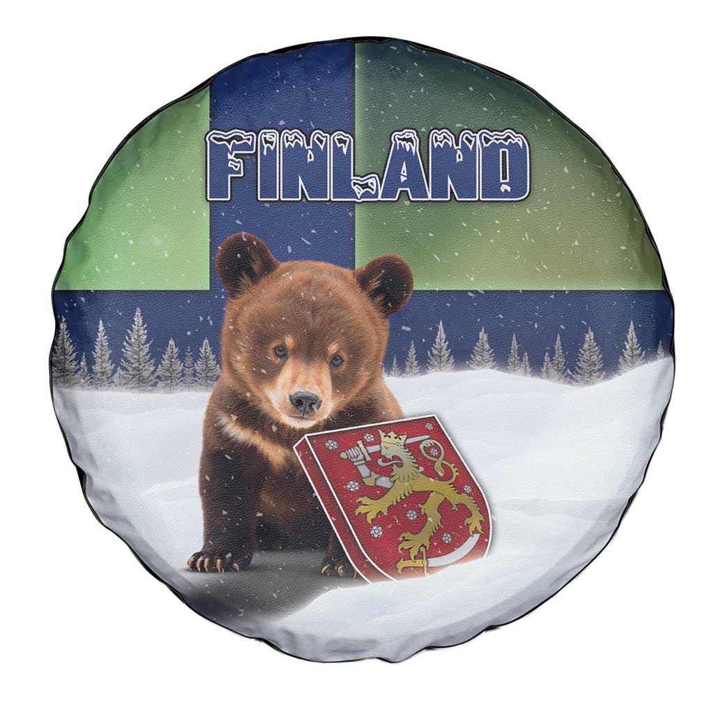 Finland Spare Tire Cover Brown Bear With Symbol Under The Aurora Sky - Wonder Print Shop