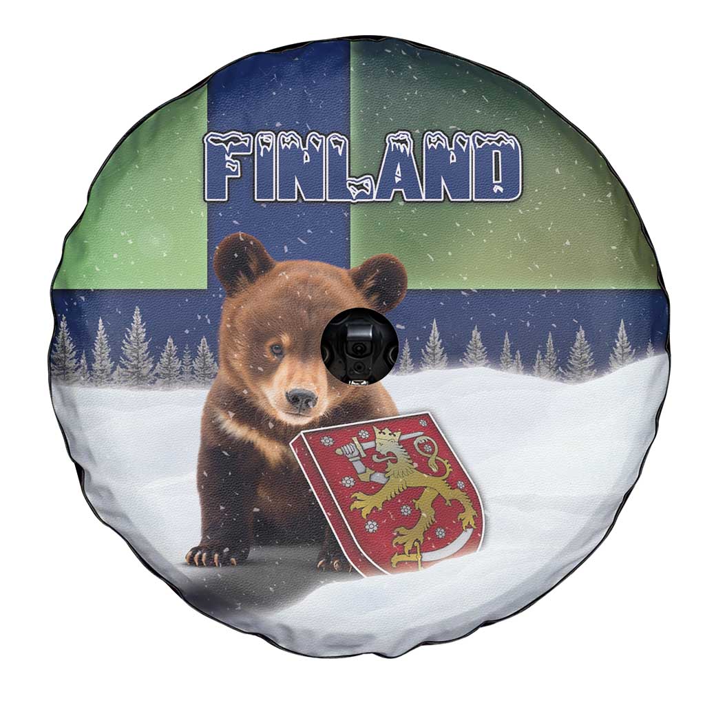 Finland Spare Tire Cover Brown Bear With Symbol Under The Aurora Sky - Wonder Print Shop