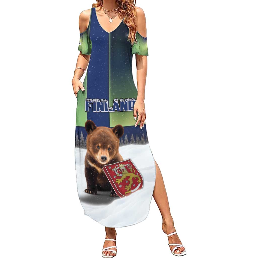 Personalized Finland Summer Maxi Dress Brown Bear With Symbol Under The Aurora Sky - Wonder Print Shop