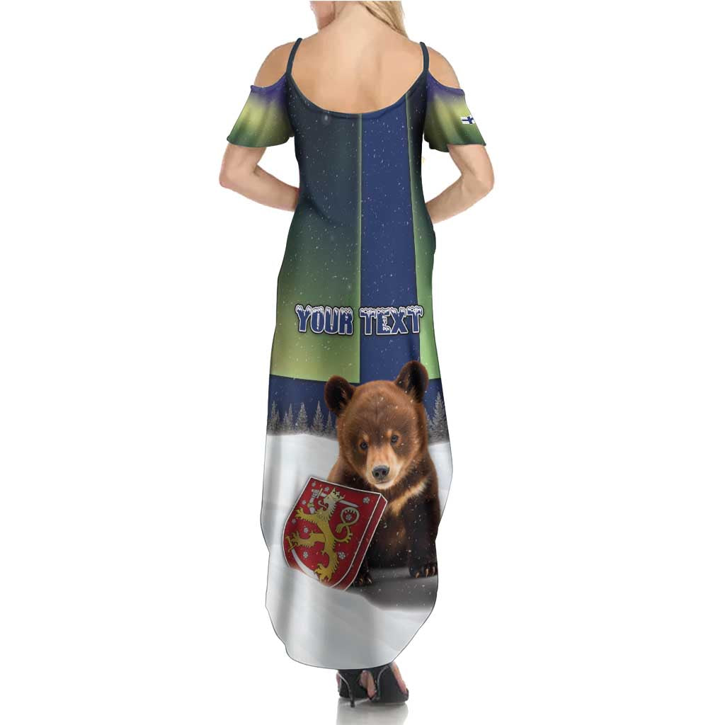 Personalized Finland Summer Maxi Dress Brown Bear With Symbol Under The Aurora Sky - Wonder Print Shop