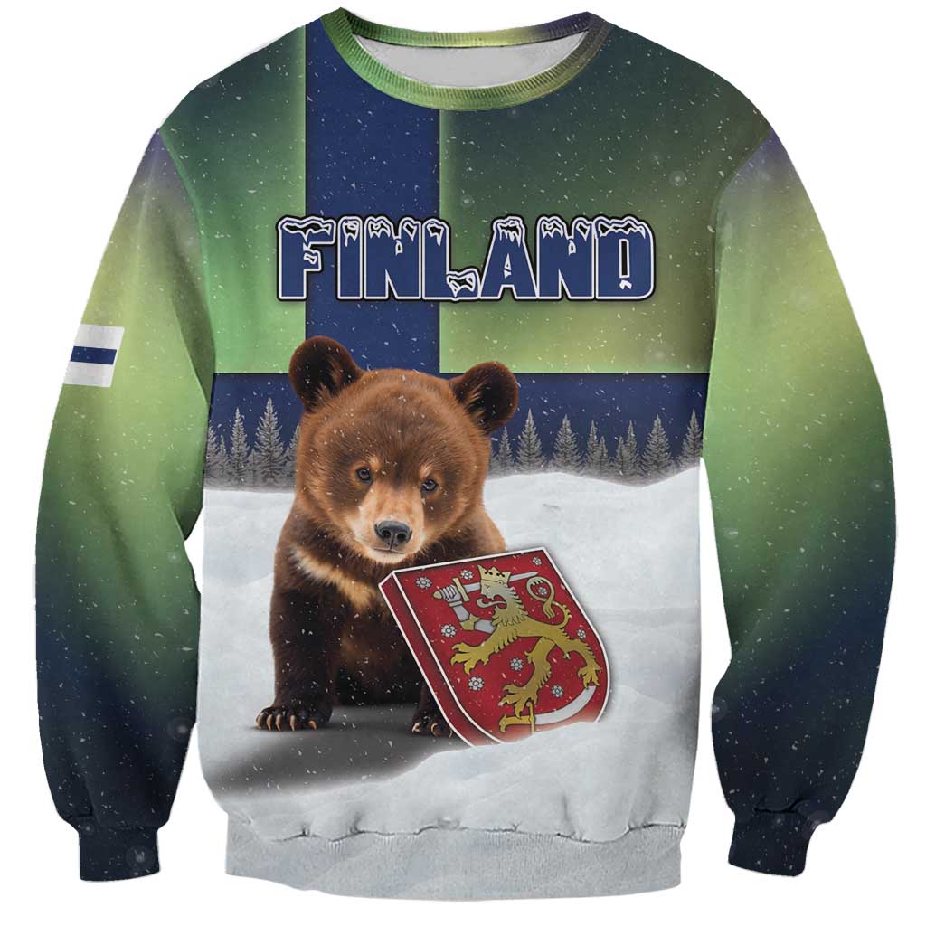 Personalized Finland Sweatshirt Brown Bear With Symbol Under The Aurora Sky - Wonder Print Shop
