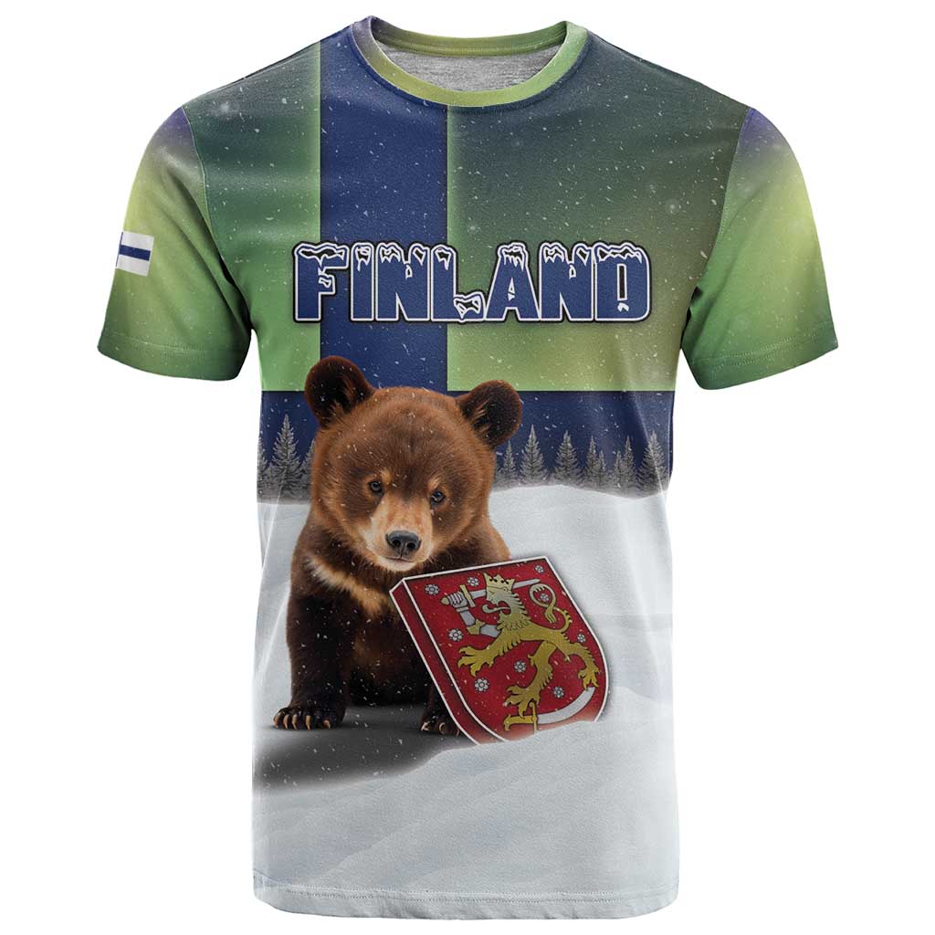 Personalized Finland T Shirt Brown Bear With Symbol Under The Aurora Sky - Wonder Print Shop