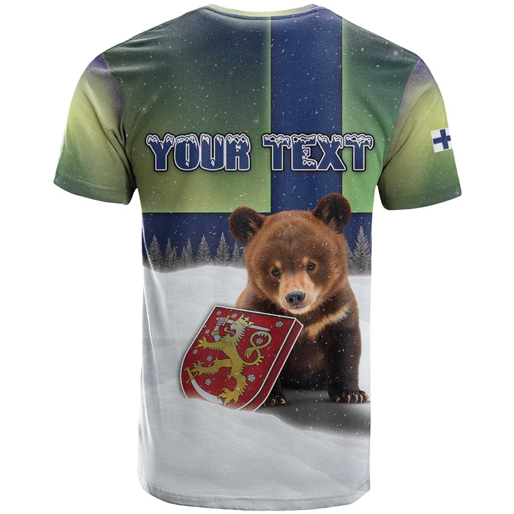 Personalized Finland T Shirt Brown Bear With Symbol Under The Aurora Sky - Wonder Print Shop