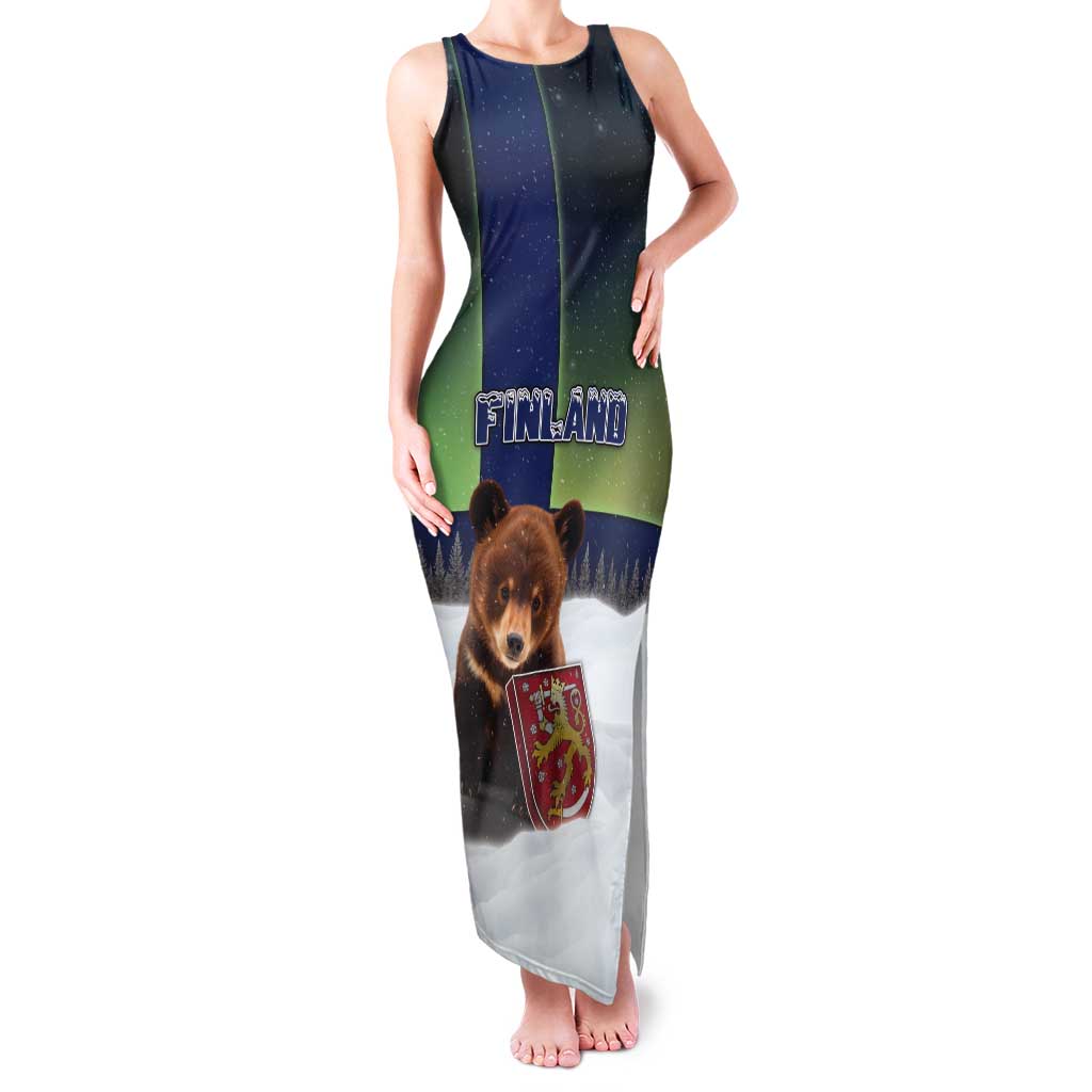Personalized Finland Tank Maxi Dress Brown Bear With Symbol Under The Aurora Sky - Wonder Print Shop