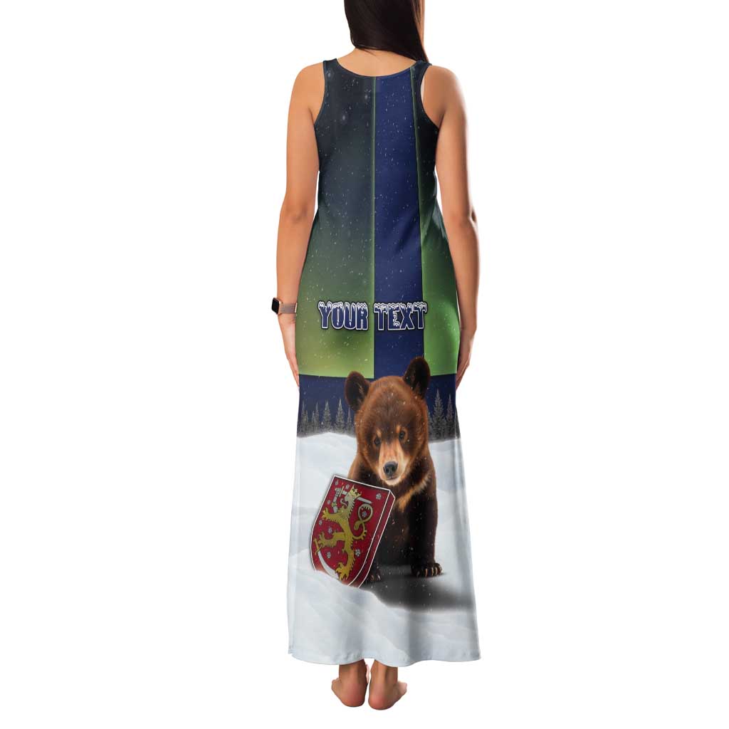 Personalized Finland Tank Maxi Dress Brown Bear With Symbol Under The Aurora Sky - Wonder Print Shop