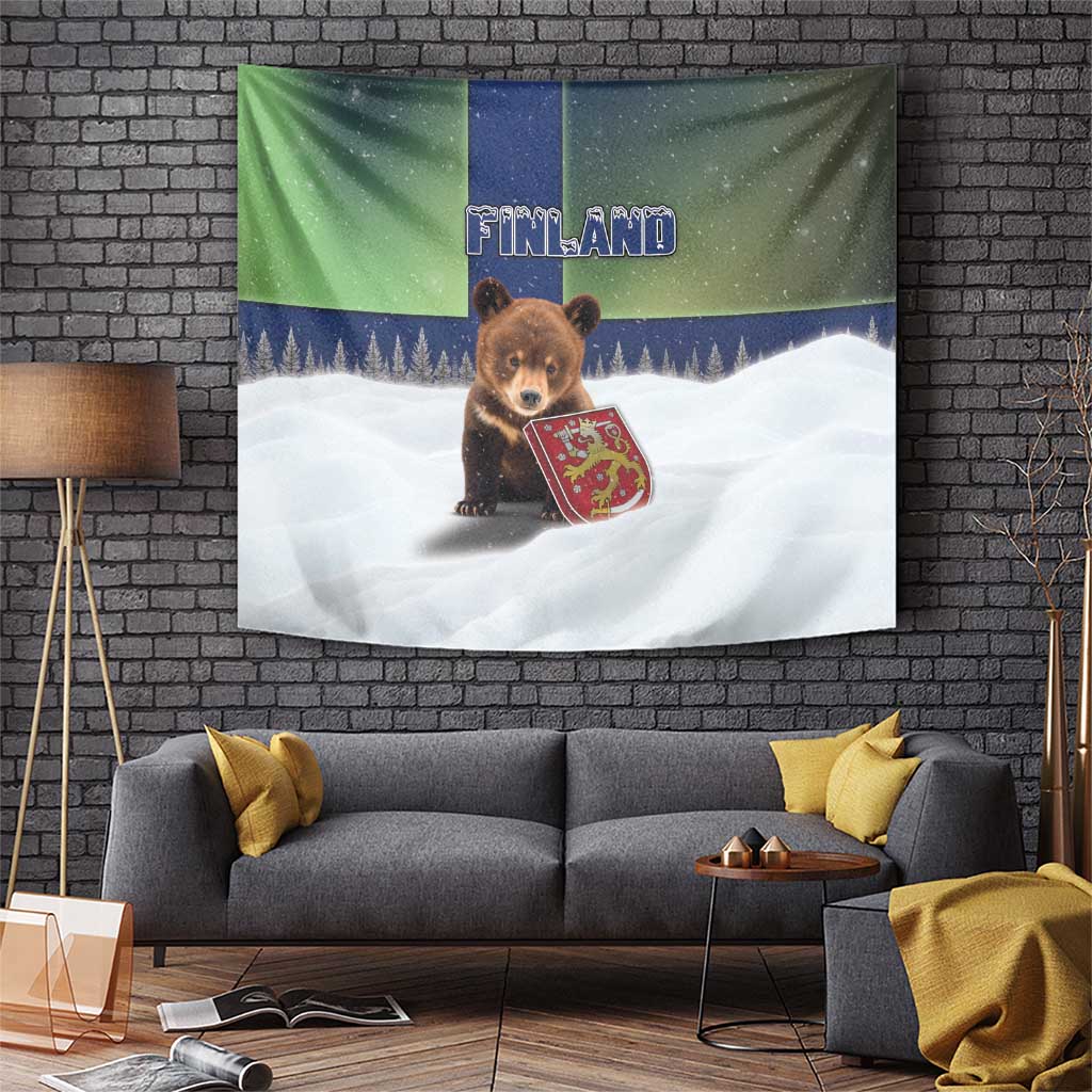 Finland Tapestry Brown Bear With Symbol Under The Aurora Sky - Wonder Print Shop