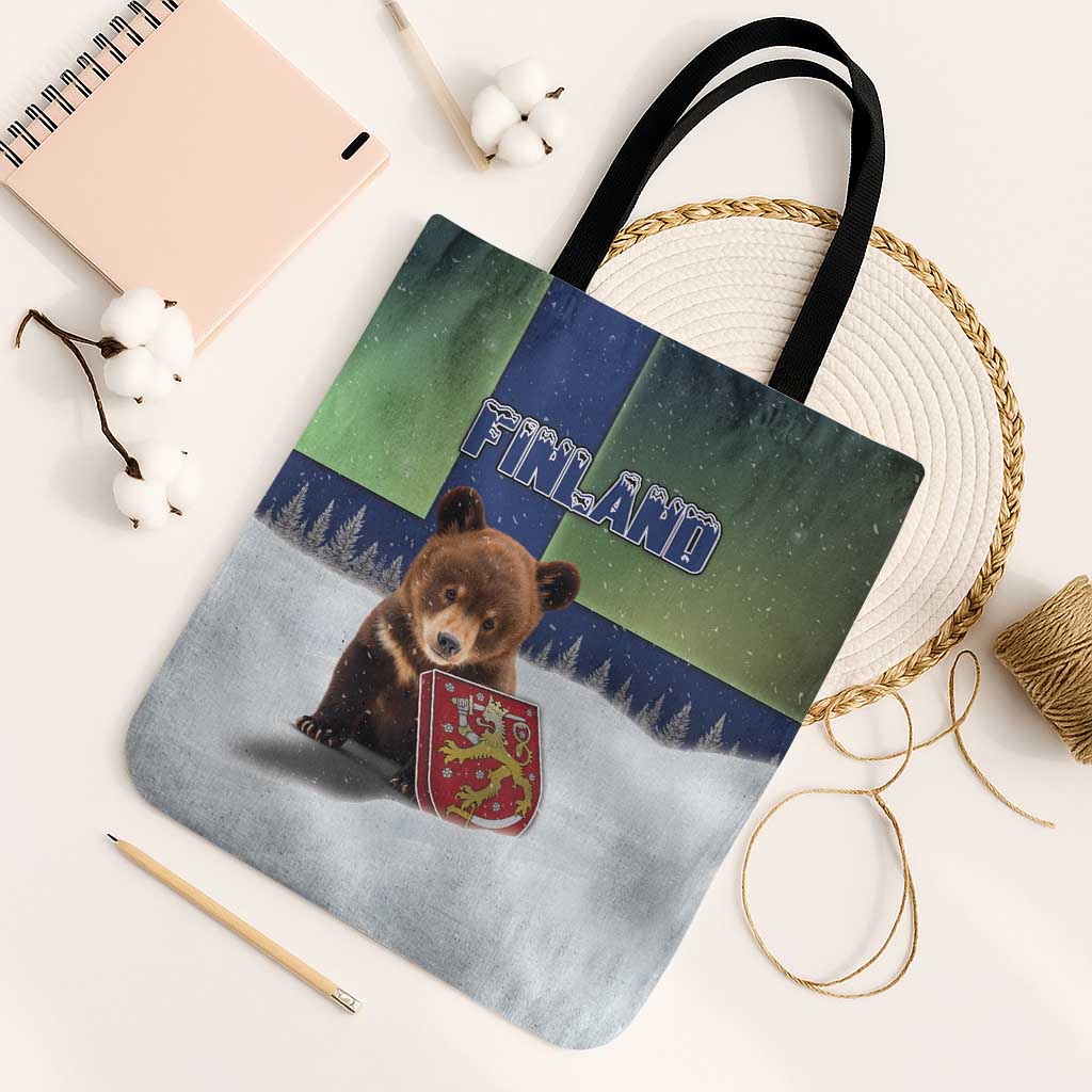 Finland Tote Bag Brown Bear With Symbol Under The Aurora Sky - Wonder Print Shop