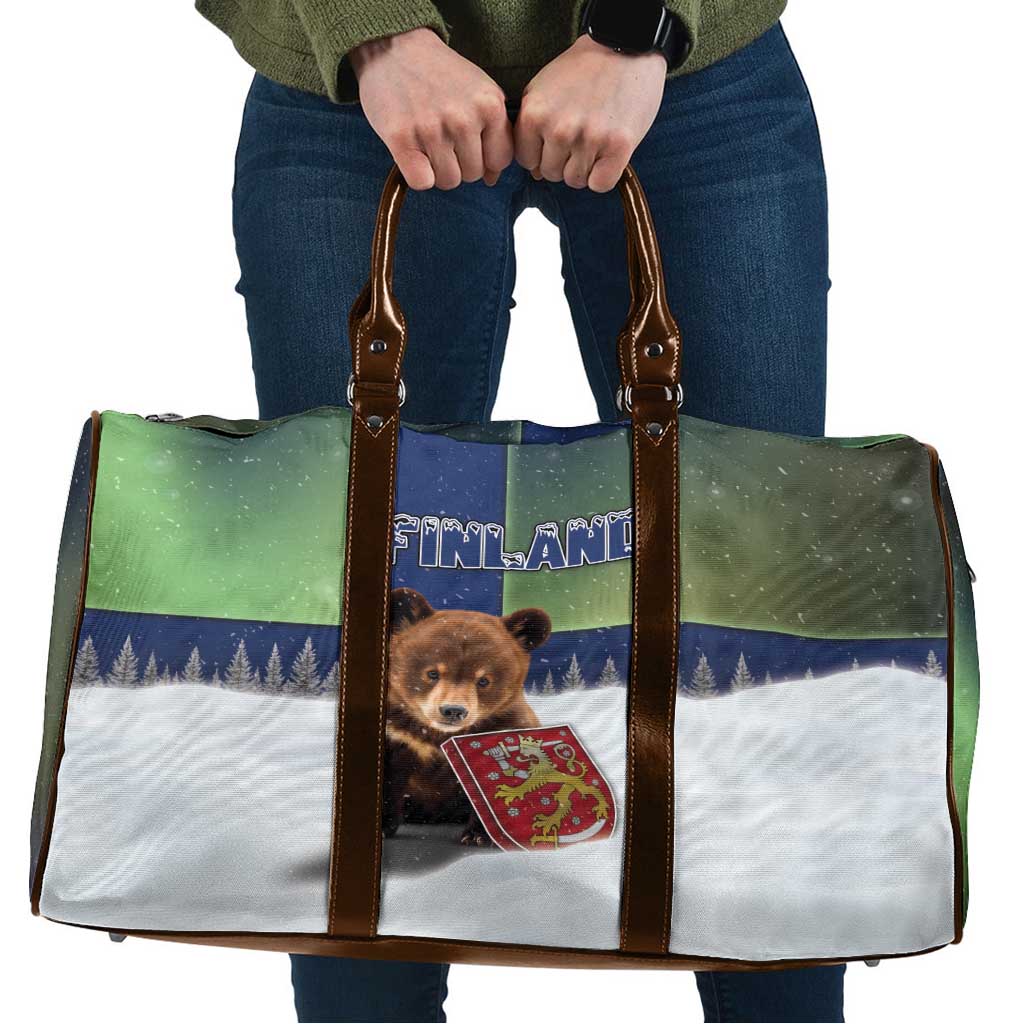 Finland Travel Bag Brown Bear With Symbol Under The Aurora Sky - Wonder Print Shop