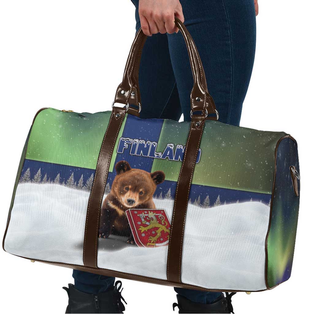 Finland Travel Bag Brown Bear With Symbol Under The Aurora Sky - Wonder Print Shop