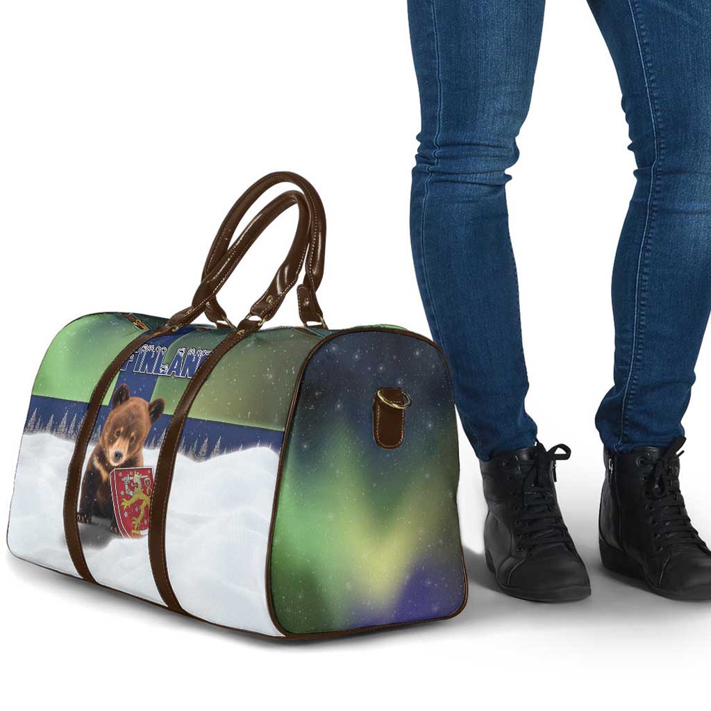 Finland Travel Bag Brown Bear With Symbol Under The Aurora Sky - Wonder Print Shop