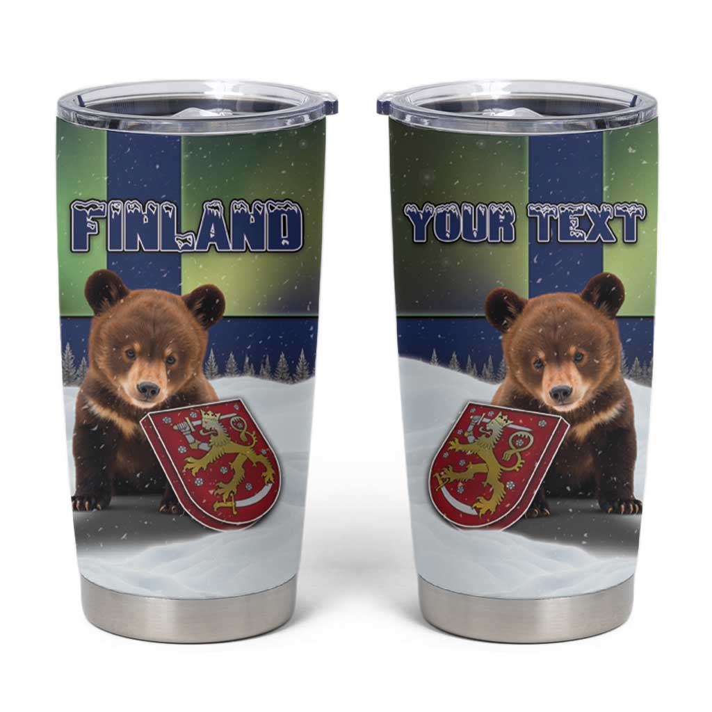 Personalized Finland Tumbler Cup Brown Bear With Symbol Under The Aurora Sky - Wonder Print Shop