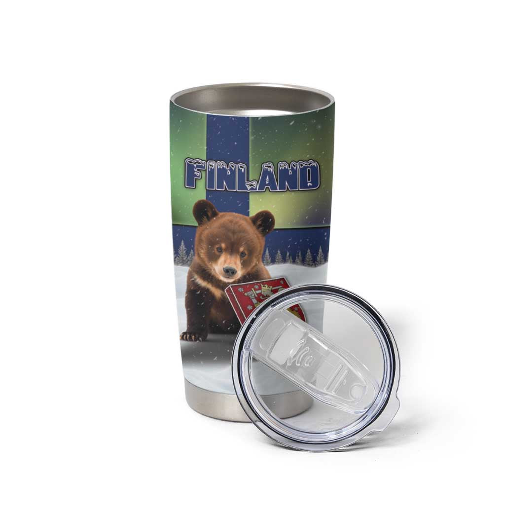 Personalized Finland Tumbler Cup Brown Bear With Symbol Under The Aurora Sky - Wonder Print Shop