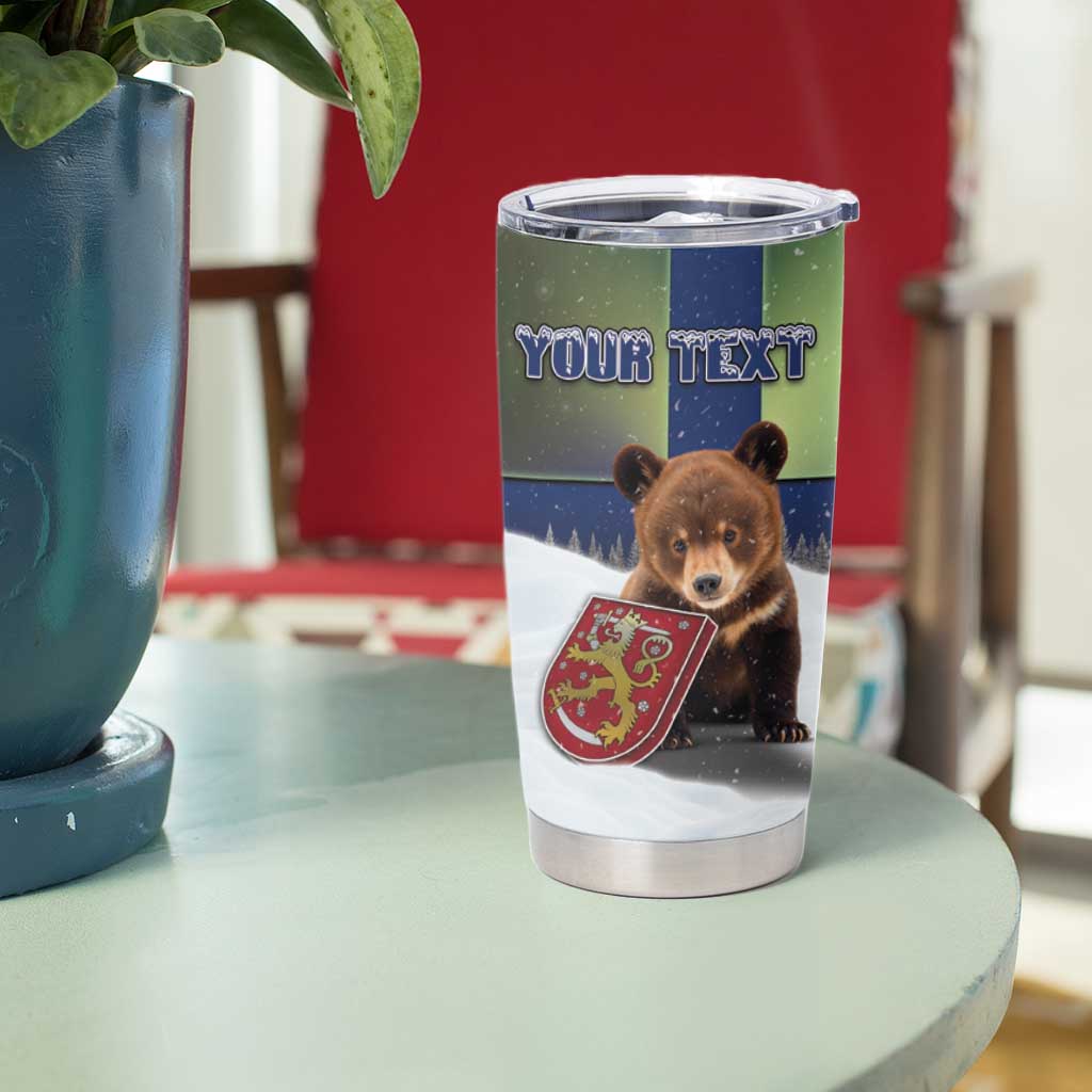 Personalized Finland Tumbler Cup Brown Bear With Symbol Under The Aurora Sky - Wonder Print Shop