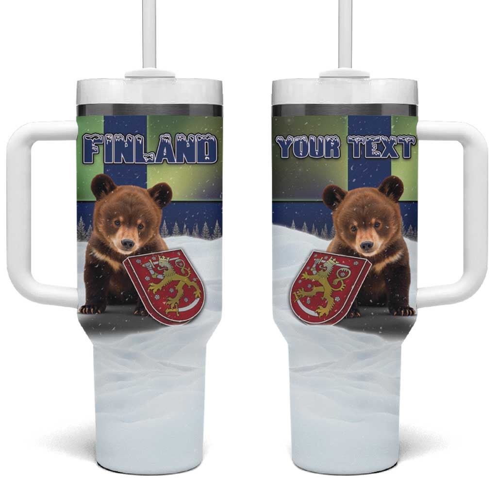Personalized Finland Tumbler With Handle Brown Bear With Symbol Under The Aurora Sky - Wonder Print Shop