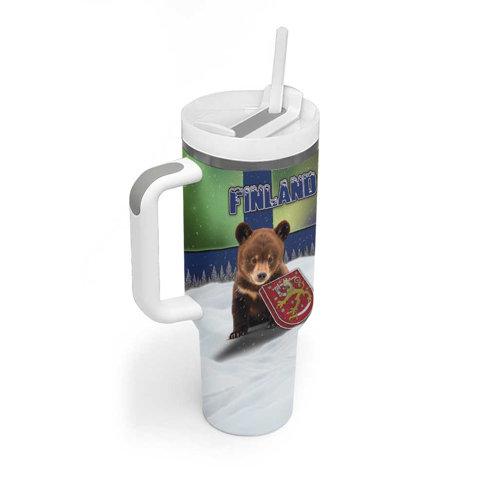 Personalized Finland Tumbler With Handle Brown Bear With Symbol Under The Aurora Sky - Wonder Print Shop