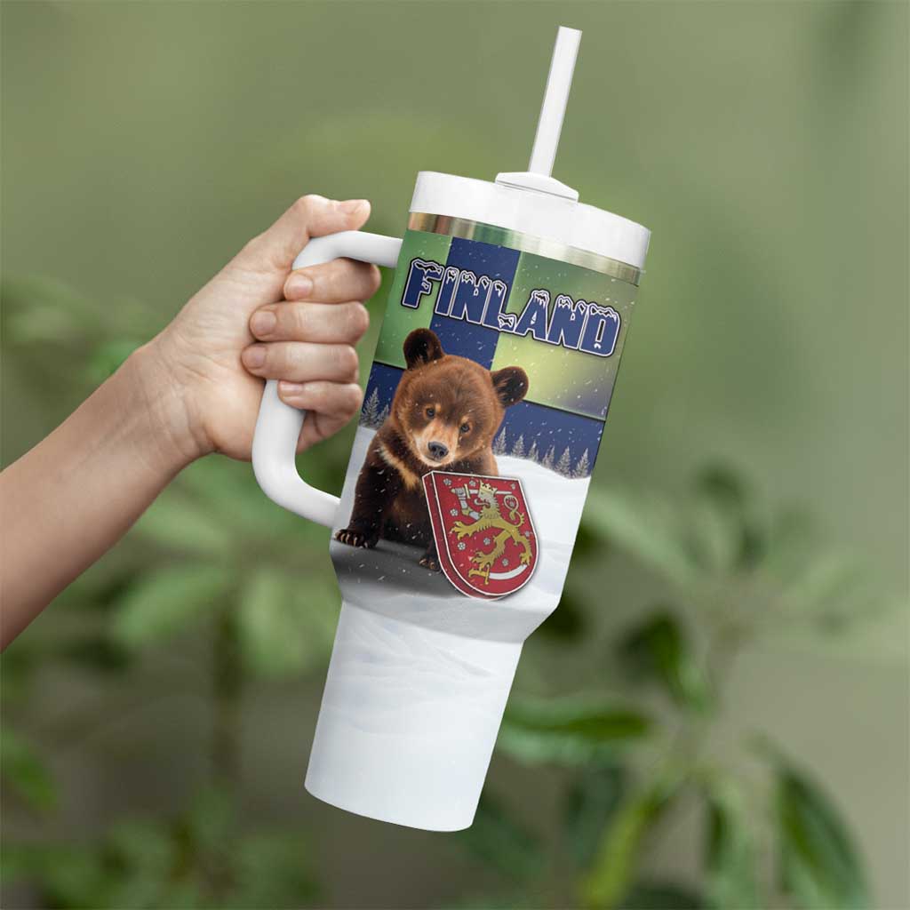 Personalized Finland Tumbler With Handle Brown Bear With Symbol Under The Aurora Sky - Wonder Print Shop