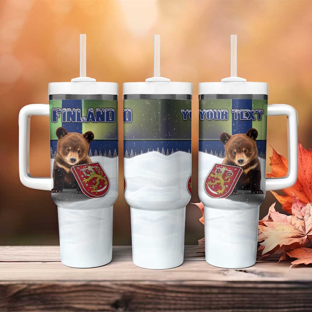 Personalized Finland Tumbler With Handle Brown Bear With Symbol Under The Aurora Sky - Wonder Print Shop