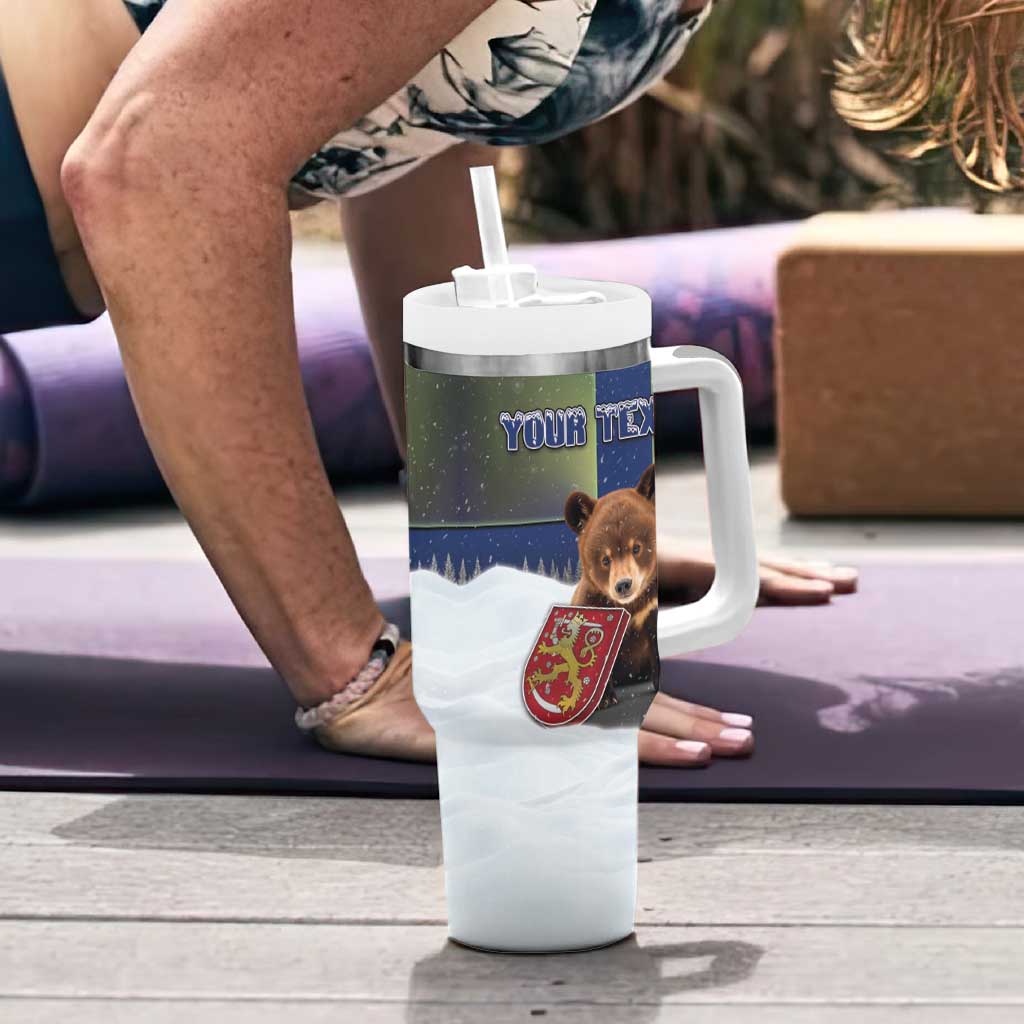 Personalized Finland Tumbler With Handle Brown Bear With Symbol Under The Aurora Sky - Wonder Print Shop