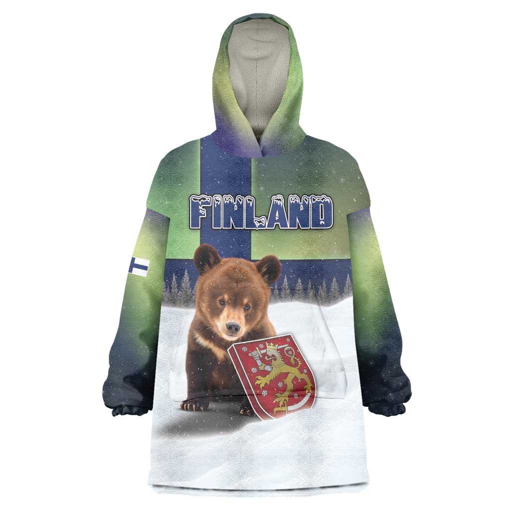 Personalized Finland Wearable Blanket Hoodie Brown Bear With Symbol Under The Aurora Sky - Wonder Print Shop