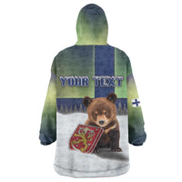 Personalized Finland Wearable Blanket Hoodie Brown Bear With Symbol Under The Aurora Sky - Wonder Print Shop