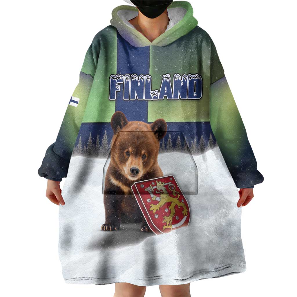 Personalized Finland Wearable Blanket Hoodie Brown Bear With Symbol Under The Aurora Sky - Wonder Print Shop