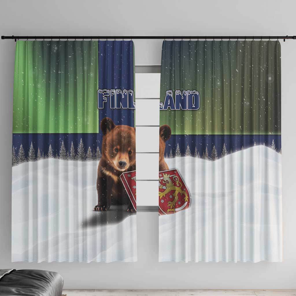 Finland Window Curtain Brown Bear With Symbol Under The Aurora Sky - Wonder Print Shop