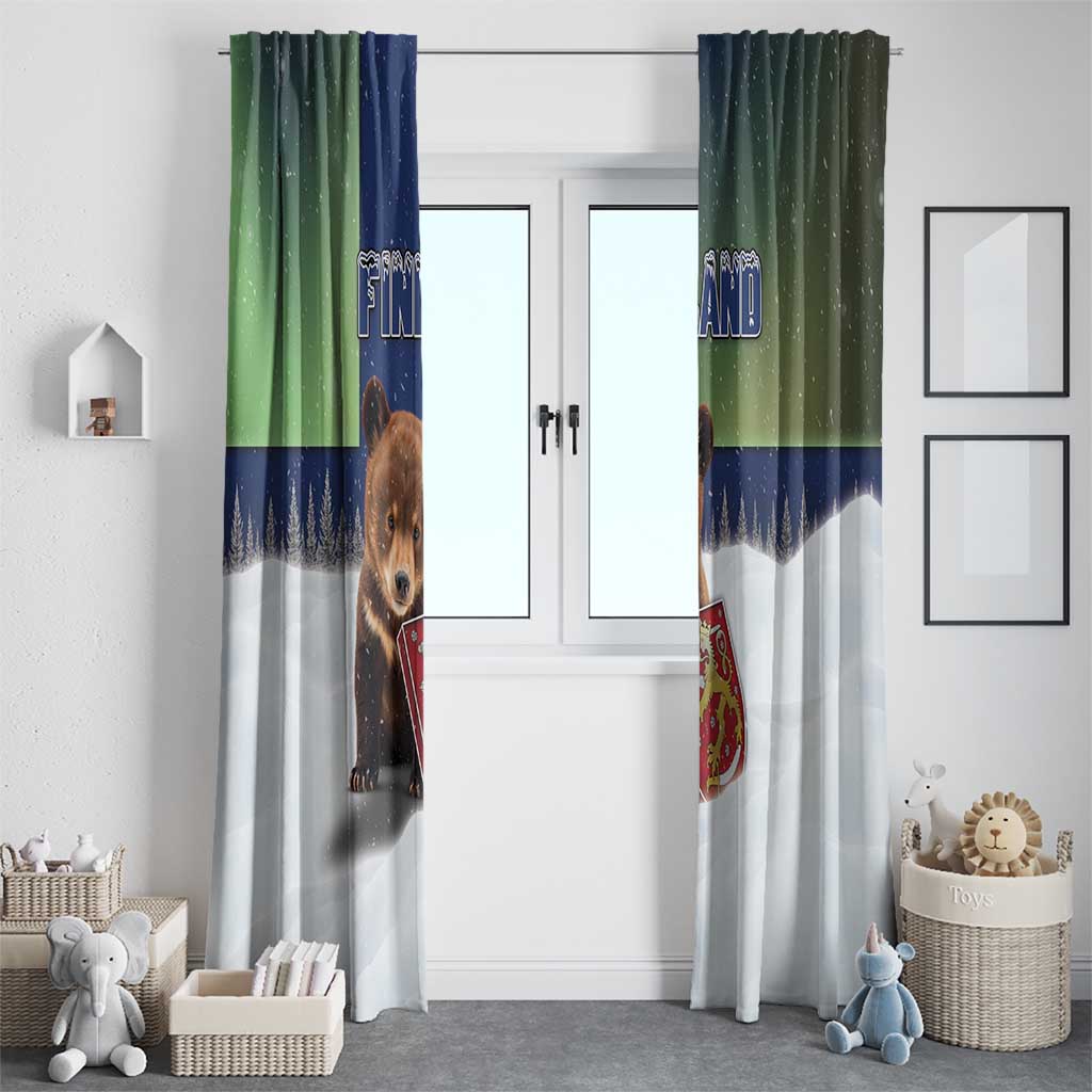 Finland Window Curtain Brown Bear With Symbol Under The Aurora Sky - Wonder Print Shop