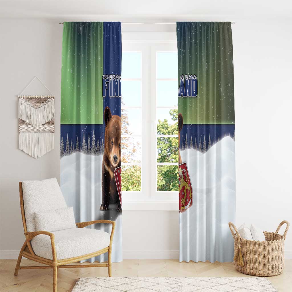 Finland Window Curtain Brown Bear With Symbol Under The Aurora Sky - Wonder Print Shop