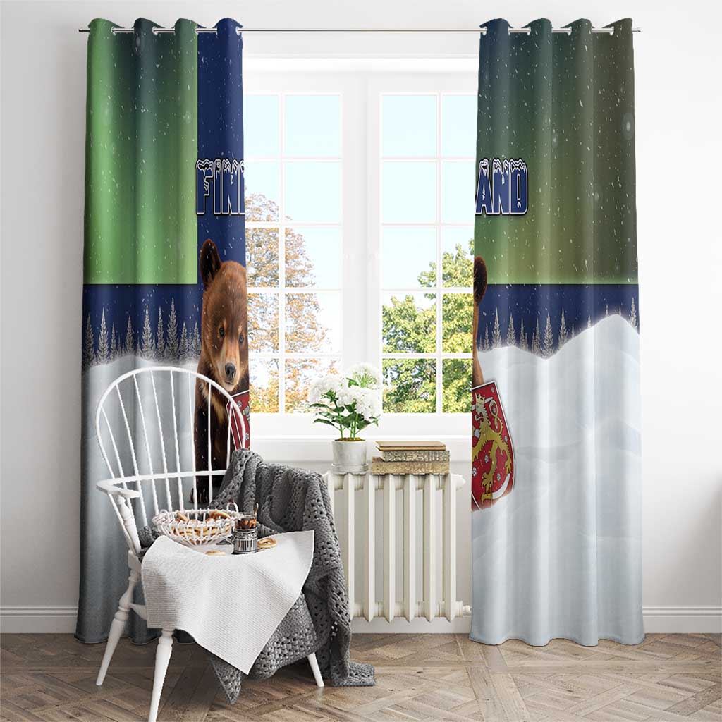 Finland Window Curtain Brown Bear With Symbol Under The Aurora Sky - Wonder Print Shop