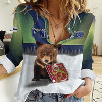 Personalized Finland Women Casual Shirt Brown Bear With Symbol Under The Aurora Sky - Wonder Print Shop