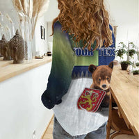 Personalized Finland Women Casual Shirt Brown Bear With Symbol Under The Aurora Sky - Wonder Print Shop