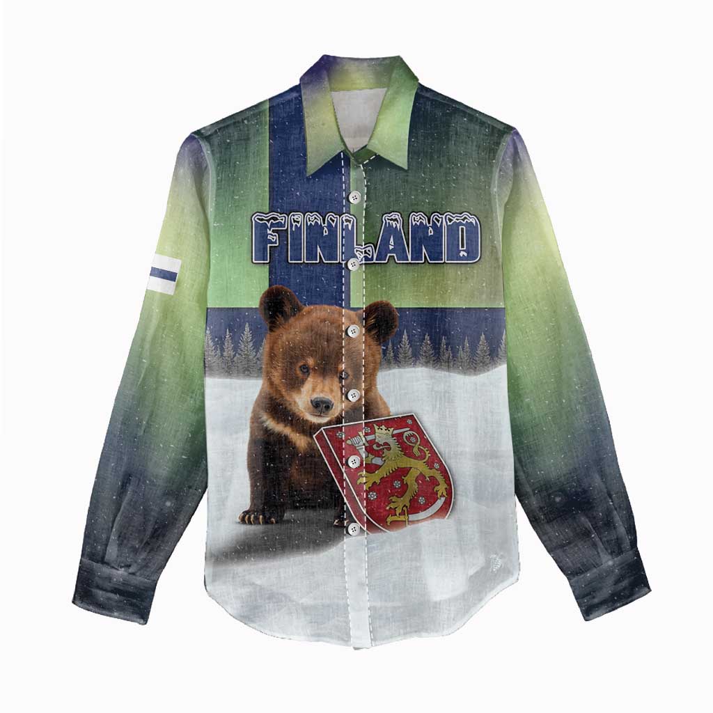 Personalized Finland Women Casual Shirt Brown Bear With Symbol Under The Aurora Sky - Wonder Print Shop