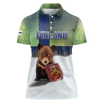 Personalized Finland Women Polo Shirt Brown Bear With Symbol Under The Aurora Sky - Wonder Print Shop