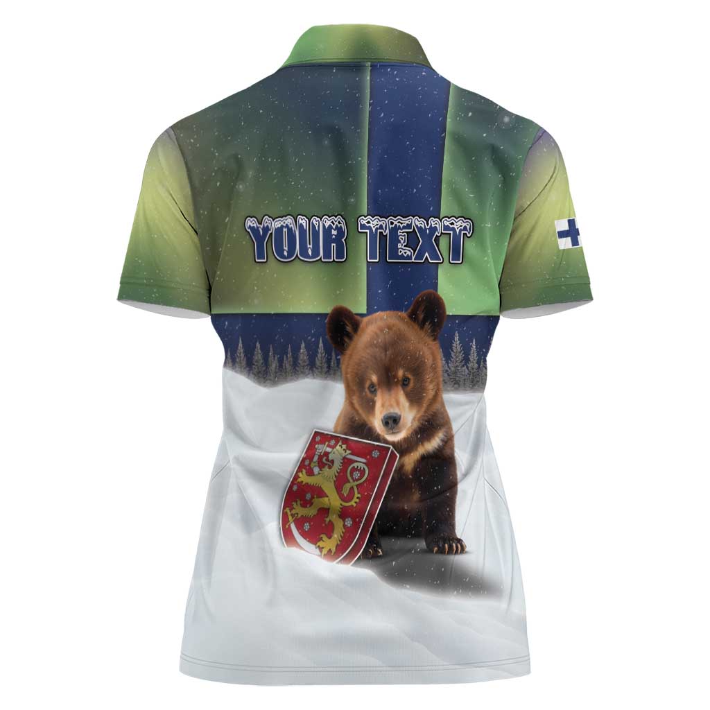 Personalized Finland Women Polo Shirt Brown Bear With Symbol Under The Aurora Sky - Wonder Print Shop
