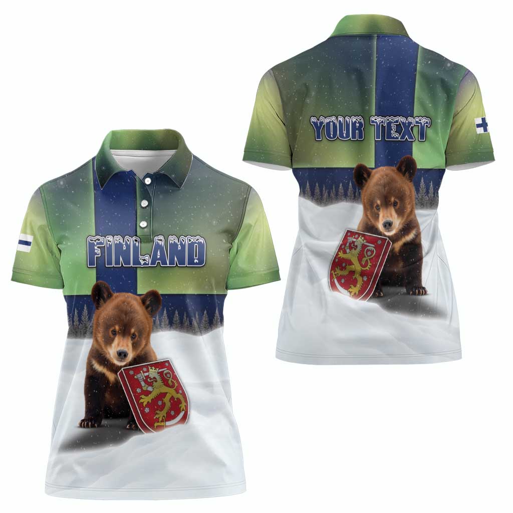 Personalized Finland Women Polo Shirt Brown Bear With Symbol Under The Aurora Sky - Wonder Print Shop