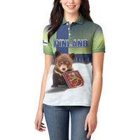 Personalized Finland Women Polo Shirt Brown Bear With Symbol Under The Aurora Sky - Wonder Print Shop