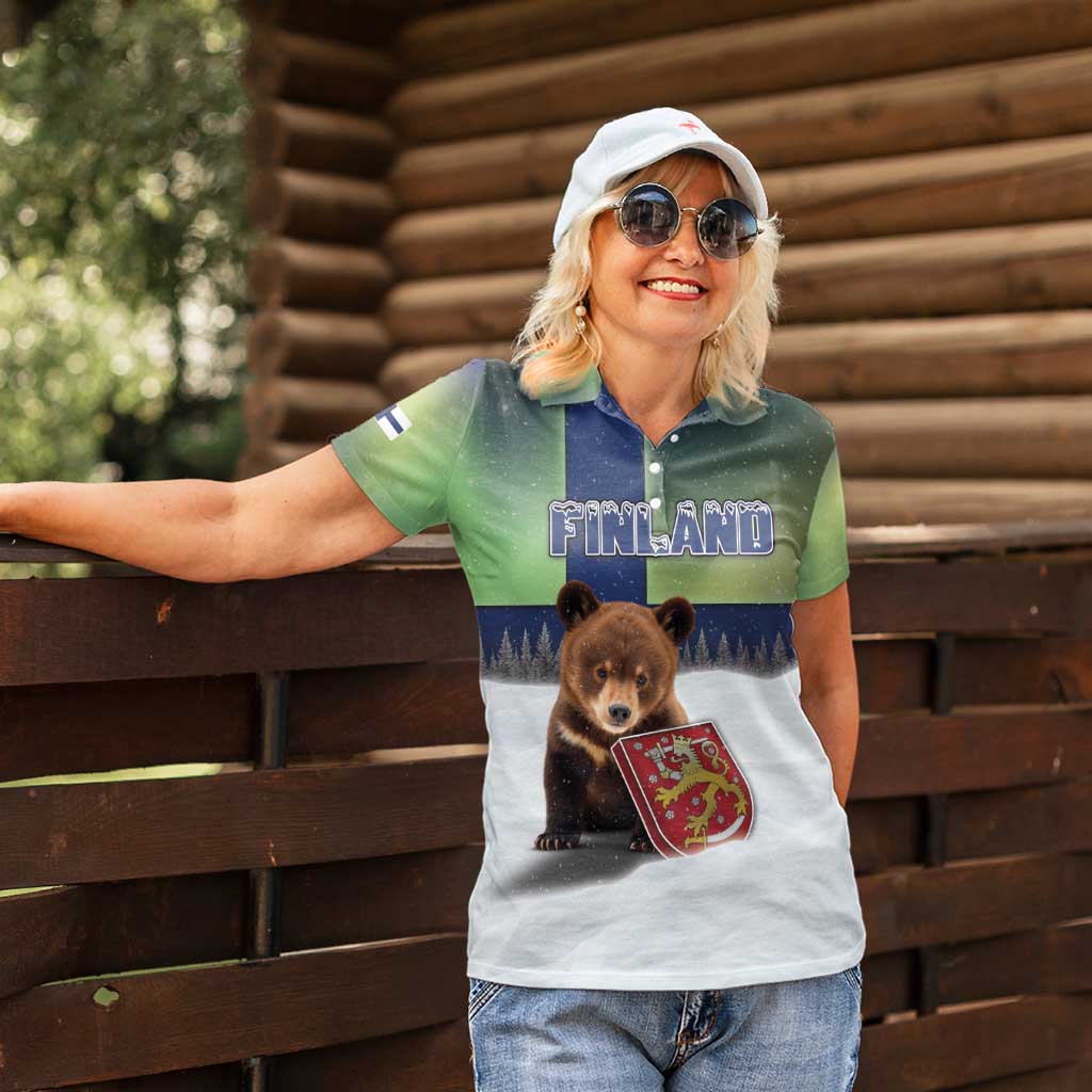 Personalized Finland Women Polo Shirt Brown Bear With Symbol Under The Aurora Sky - Wonder Print Shop
