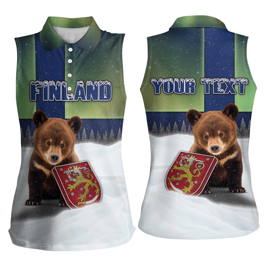 Personalized Finland Women Sleeveless Polo Shirt Brown Bear With Symbol Under The Aurora Sky - Wonder Print Shop
