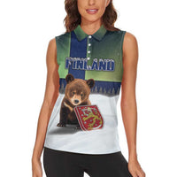 Personalized Finland Women Sleeveless Polo Shirt Brown Bear With Symbol Under The Aurora Sky - Wonder Print Shop