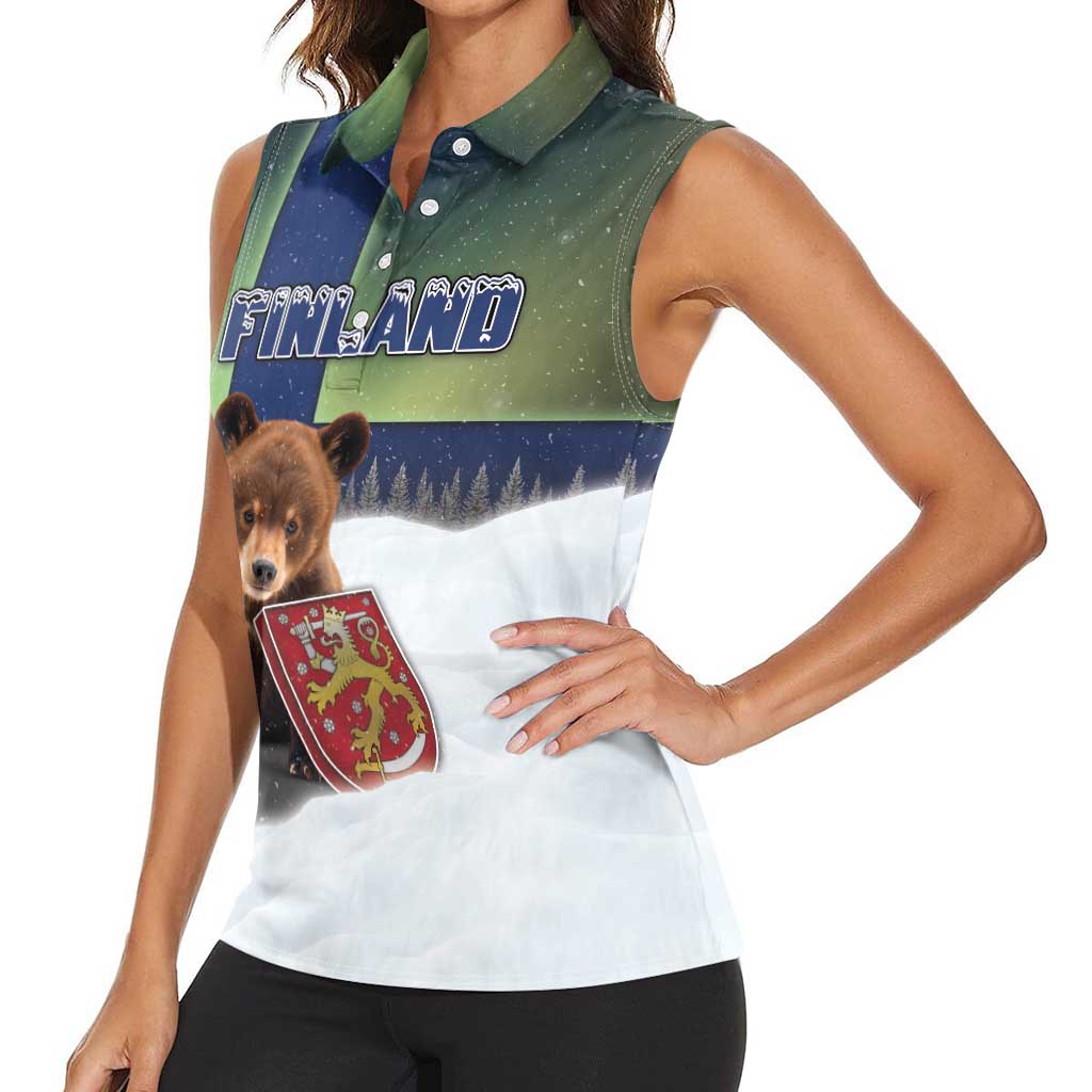 Personalized Finland Women Sleeveless Polo Shirt Brown Bear With Symbol Under The Aurora Sky - Wonder Print Shop