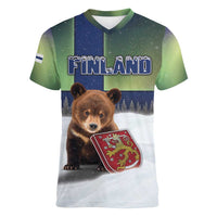 Personalized Finland Women V-Neck T-Shirt Brown Bear With Symbol Under The Aurora Sky - Wonder Print Shop