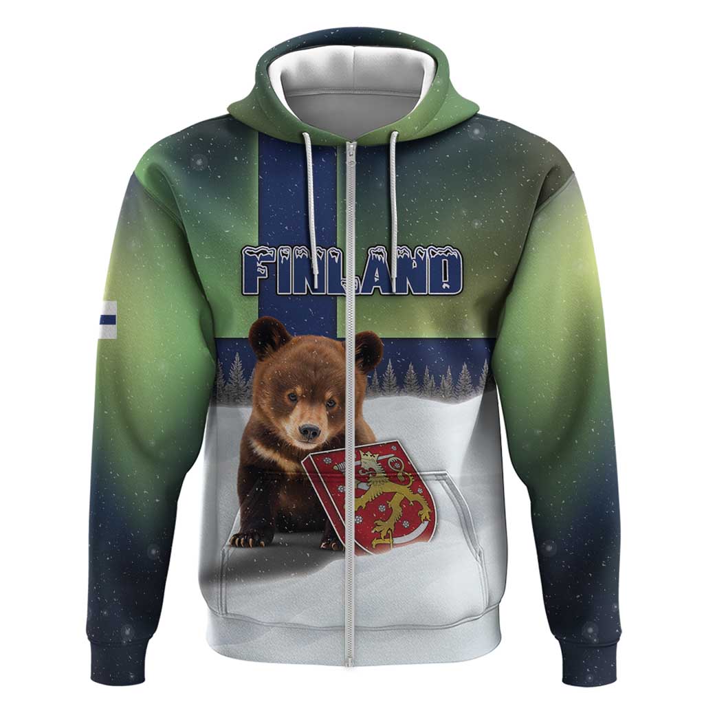 Personalized Finland Zip Hoodie Brown Bear With Symbol Under The Aurora Sky - Wonder Print Shop