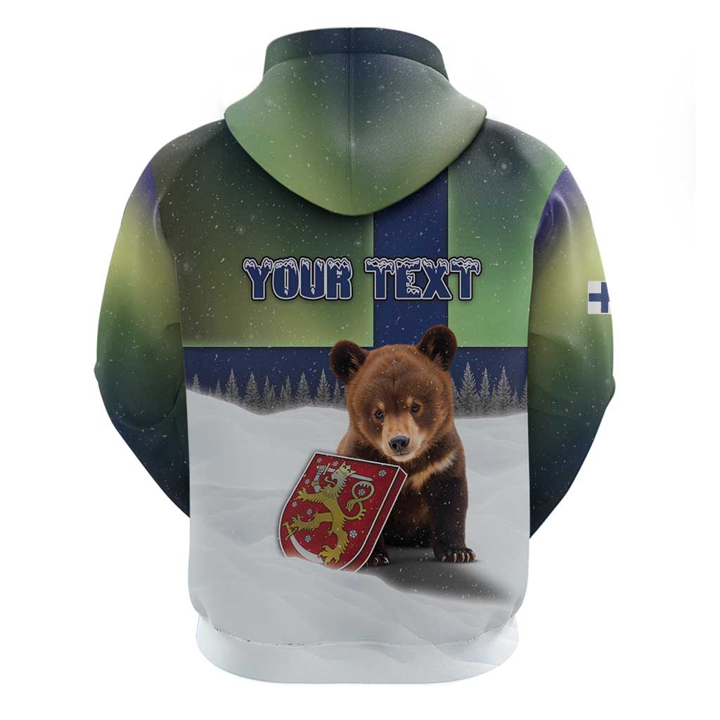 Personalized Finland Zip Hoodie Brown Bear With Symbol Under The Aurora Sky - Wonder Print Shop