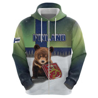 Personalized Finland Zip Hoodie Brown Bear With Symbol Under The Aurora Sky - Wonder Print Shop