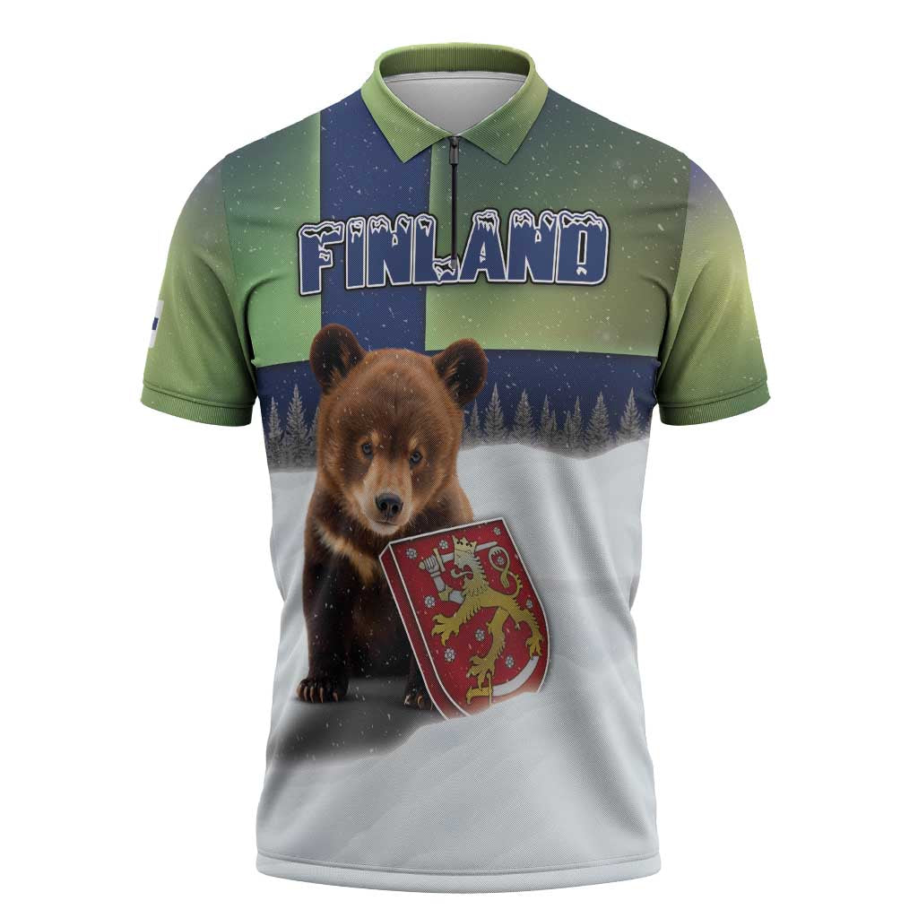 Personalized Finland Zipper Polo Shirt Brown Bear With Symbol Under The Aurora Sky - Wonder Print Shop