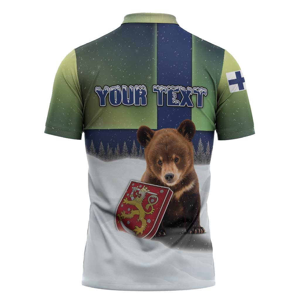 Personalized Finland Zipper Polo Shirt Brown Bear With Symbol Under The Aurora Sky - Wonder Print Shop