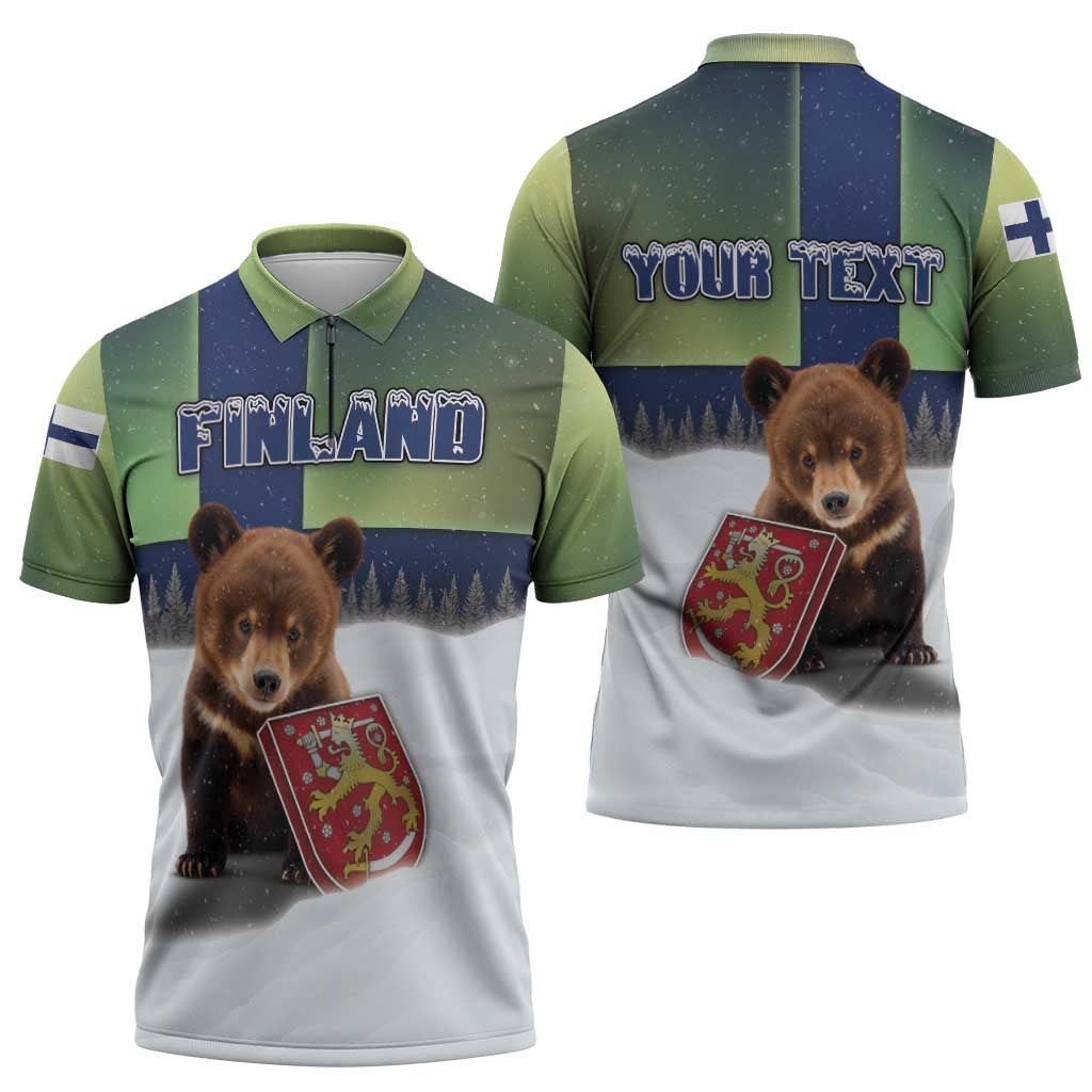 Personalized Finland Zipper Polo Shirt Brown Bear With Symbol Under The Aurora Sky - Wonder Print Shop