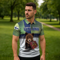 Personalized Finland Zipper Polo Shirt Brown Bear With Symbol Under The Aurora Sky - Wonder Print Shop