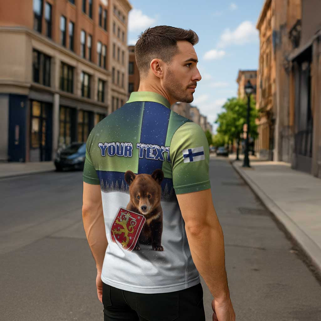 Personalized Finland Zipper Polo Shirt Brown Bear With Symbol Under The Aurora Sky - Wonder Print Shop
